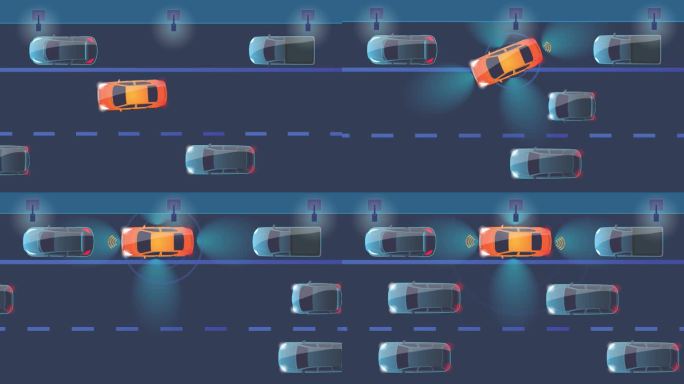 智能汽车。自动智能汽车扫描道路。城市道路上的自动驾驶模式车辆物联网概念与图形传感器雷达信号系统。未来