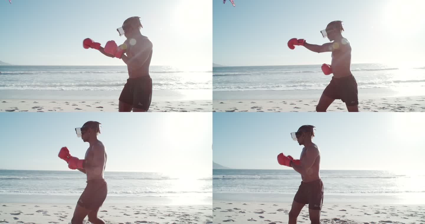 一名男子戴着虚拟现实眼镜在海滩上拳击的4k视频片段