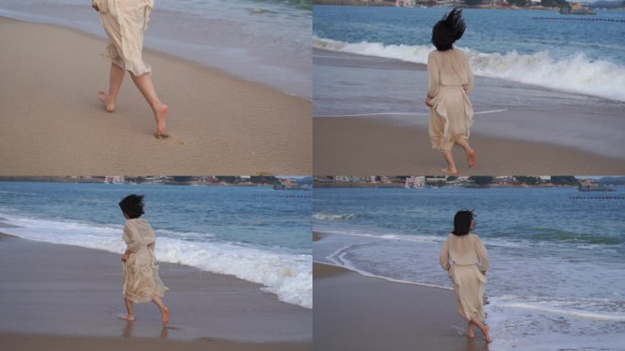 美女海边沙滩上奔跑脚步特写海滩跑步背影
