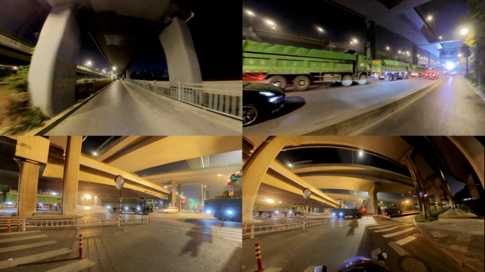 全景广角相机拍摄城市夜晚道路骑行移动延时
