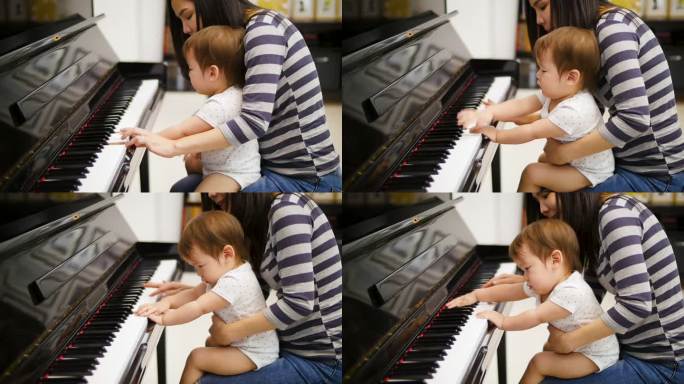 马瑟和小男孩在家里弹钢琴，一家人共度时光的概念