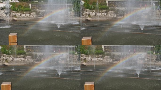 广场喷泉真实雨后彩虹七色虹彩