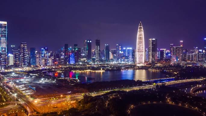 中国深圳市夜景。深圳人才公园地标宣传片夜