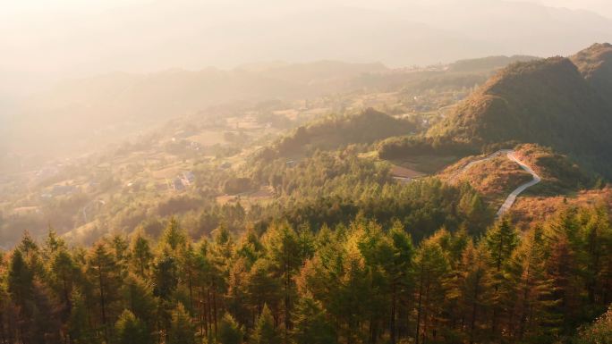 4k航拍山村晚霞