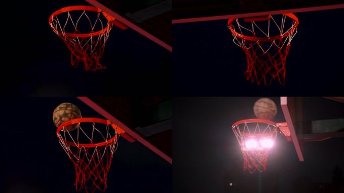 夜晚球场篮球投篮精彩瞬间