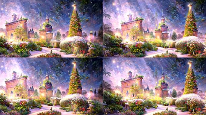 圣诞节平安夜梦幻城堡花园雪景