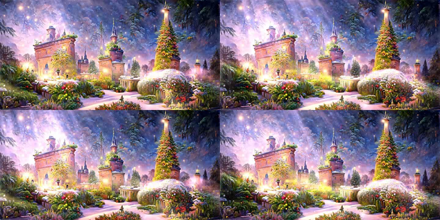 圣诞节平安夜梦幻城堡花园雪景