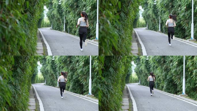青春活力美女跑步清晨公园跑步有氧运动户外