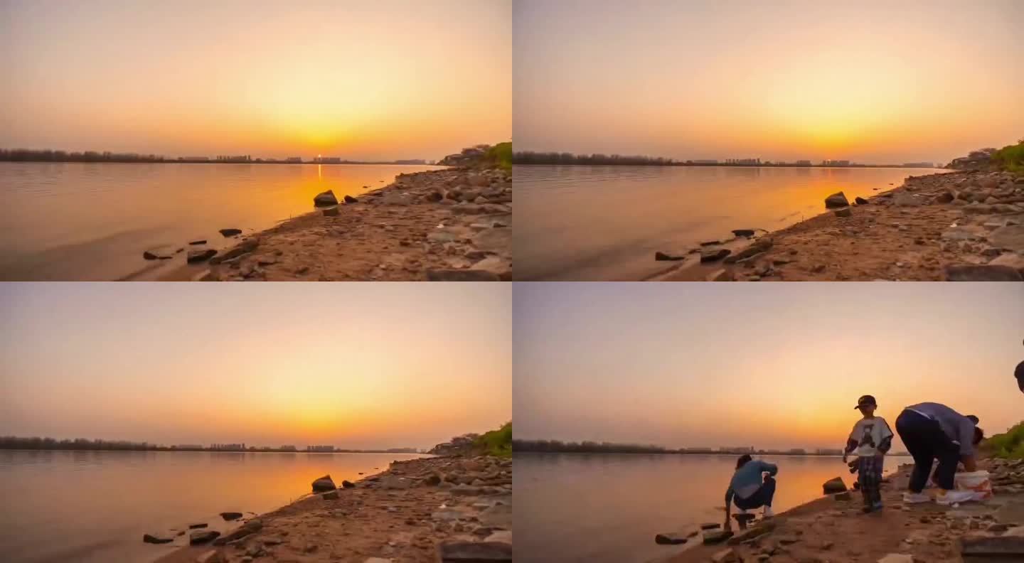 夕陽下湘江邊撿石頭撿貝殼唯美剪影素材視頻