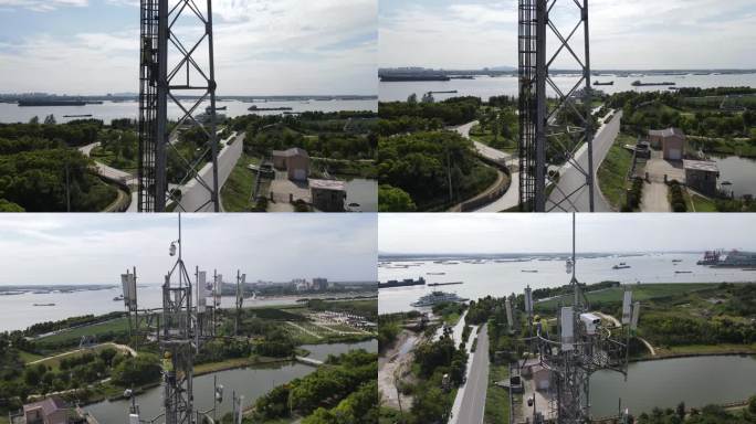 中国移动维修工人爬基站塔高空作业