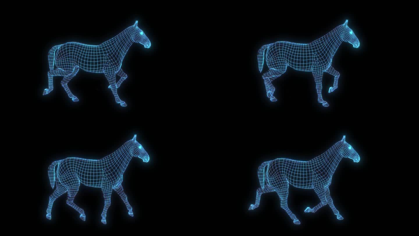 蓝色全息科技线框马走路动画素材带通道