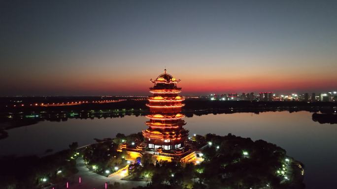 航拍滨州市黄河楼夜景晚霞