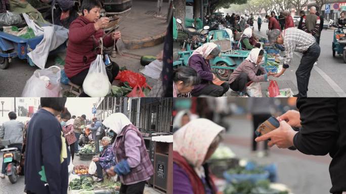 清晨古镇老街上农民在临时菜市场卖菜