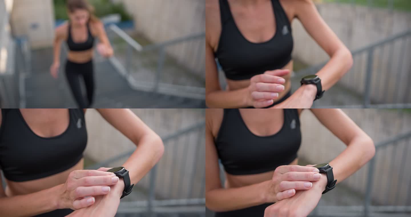 女性慢跑者跑上楼梯，最后用智能手表查看时间
