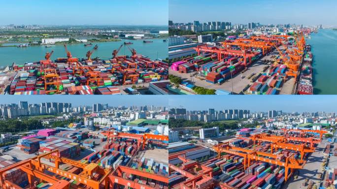 中山港货柜码头航拍延时商务经济贸易港口