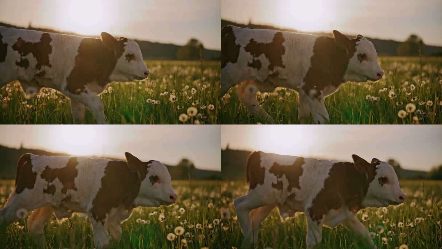 日落时分，小牛犊在牧场上的蒲公英中漫步