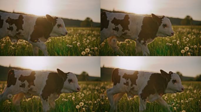 日落时分，小牛犊在牧场上的蒲公英中漫步