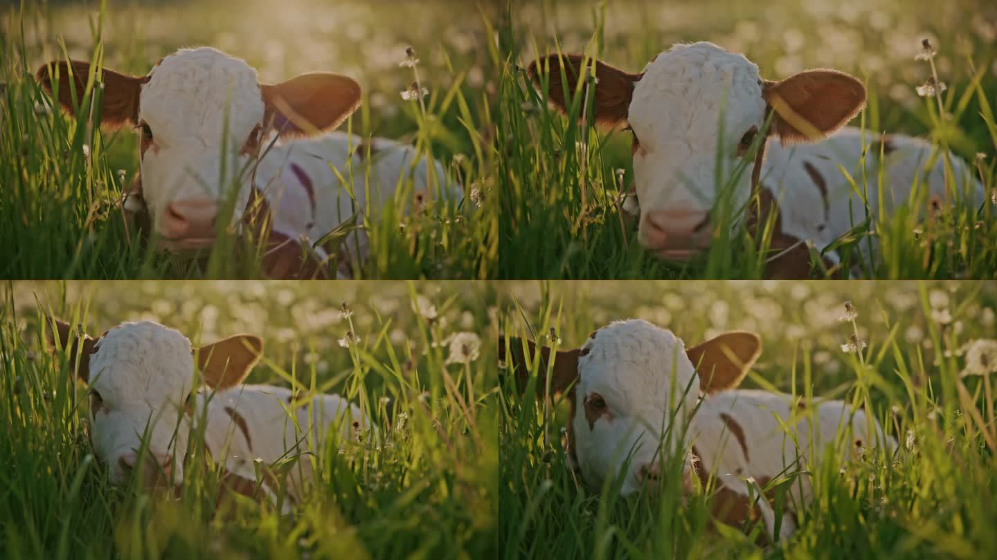 日落时分躺在草地上的小牛