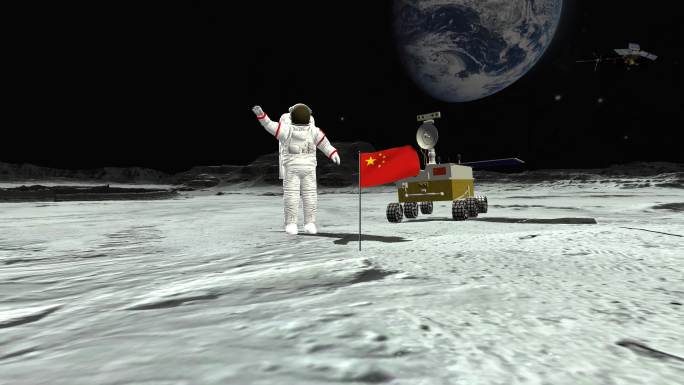 中国登上月球插上国旗打招呼