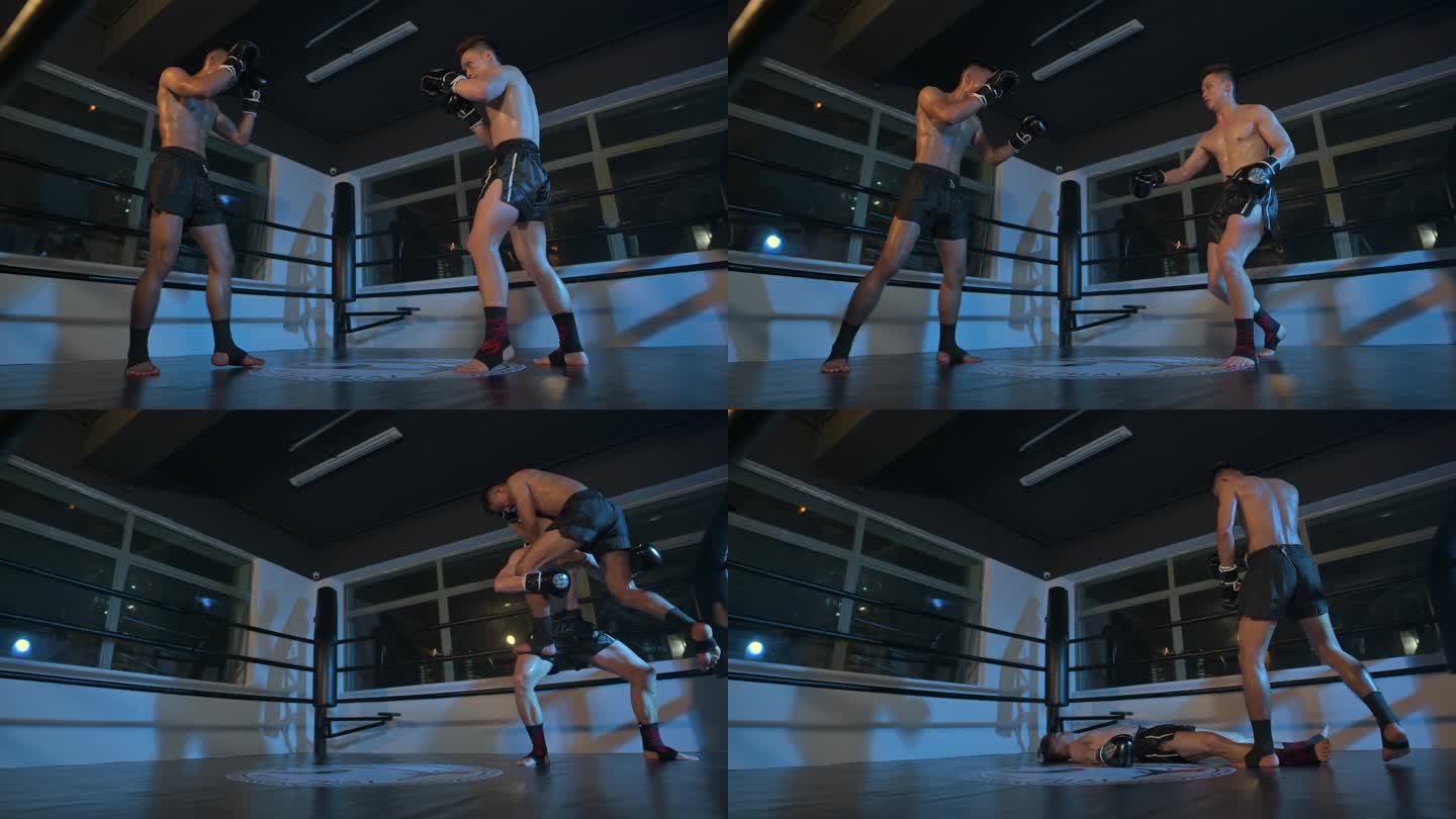 泰拳运动员身体攀爬跳下肘击拳击比赛击倒对手