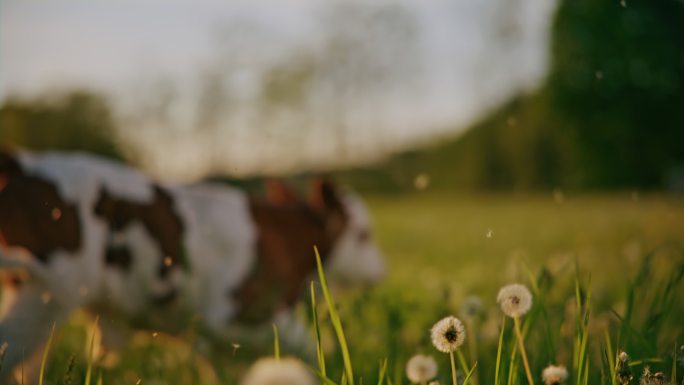 日落时分，小牛在牧场上的蒲公英中奔跑