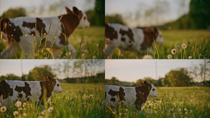 日落时分，小牛在牧场上的蒲公英中奔跑