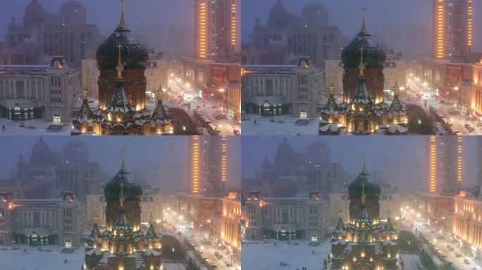 哈尔滨索菲亚教堂夜晚雪景航拍