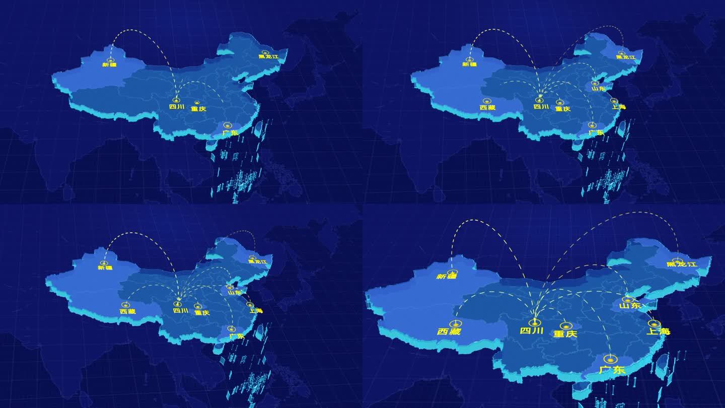 简洁大气全国各大省市连线辐射，立体感地图