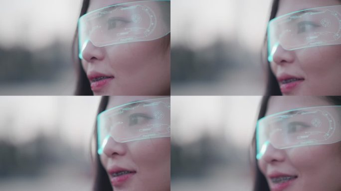 亚洲女性戴着vr眼镜在户外工厂工作