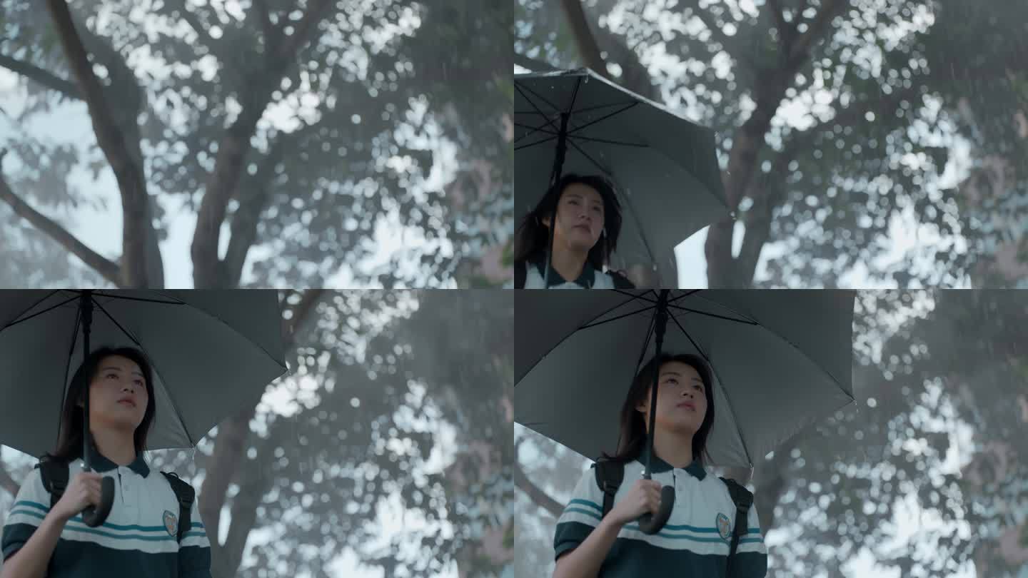 【4K阿莱】少女撑着雨伞暴雨中走过