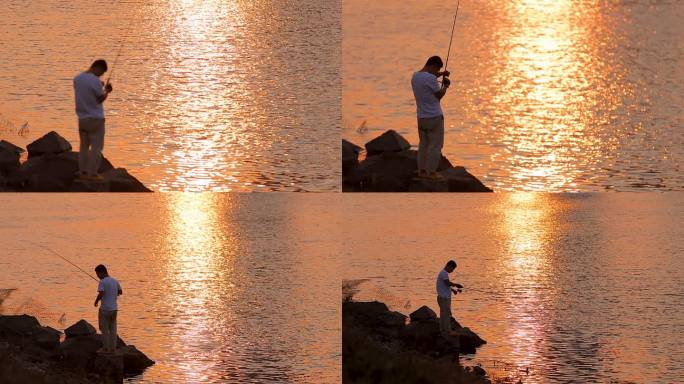 夕阳下河边钓鱼的人