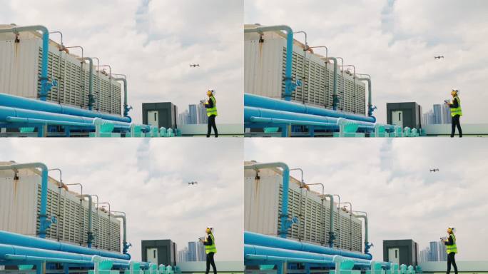 专家使用无人机在工作中进行空中检查。工作中的有用技术