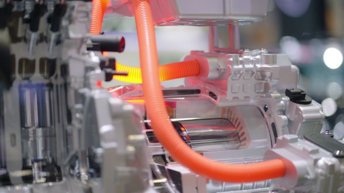 在百货商店停车场的充电站给电动汽车充电。电动汽车，可再生能源概念。