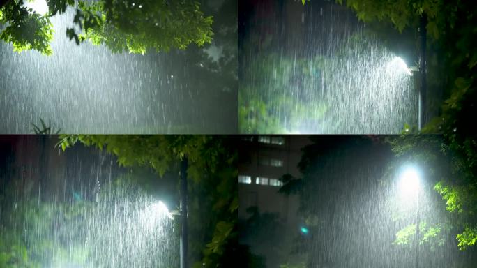 4k夏日暴雨大雨雷雨城市路灯夜雨空镜头