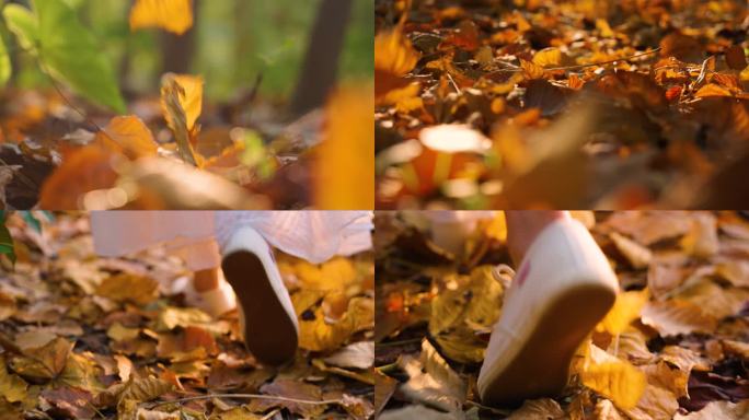 唯美秋天落叶，在落叶上行走脚步4k视频