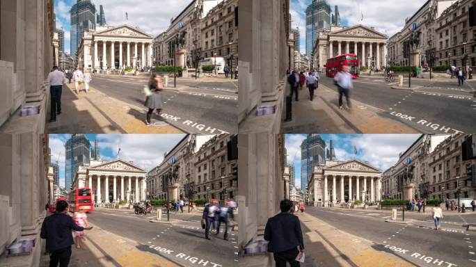 时间流逝：英国伦敦市中心的社会证券交易所银行站，商人蜂拥而至