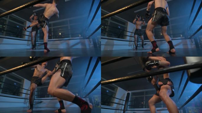 泰拳运动员身体攀爬跳下肘击拳击比赛击倒对手