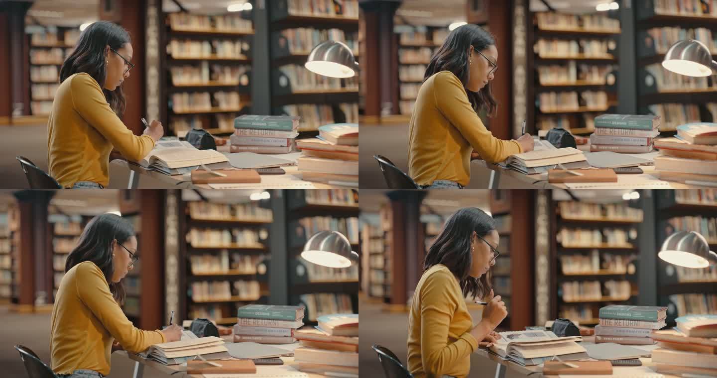 一名学生在学校图书馆备考或为一个项目做研究。一位戴着眼镜的快乐年轻律师坐在书桌旁，手里拿着一堆书，一