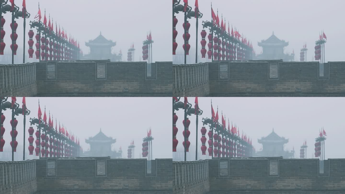 雪中的西安古城墙，中国。