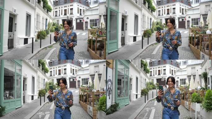 美丽时尚的女人在老城区，有视频通话-蒙马特，巴黎