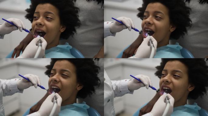 儿科牙科。黑人小孩看牙齿口腔健康