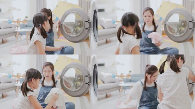 母亲和女儿洗衣服洗衣机居家生活洗衣服