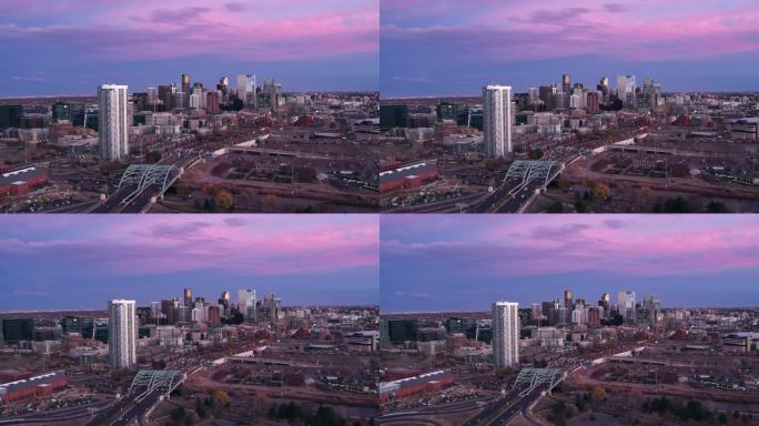 科罗拉多州丹佛市粉红色日落的无人机视图