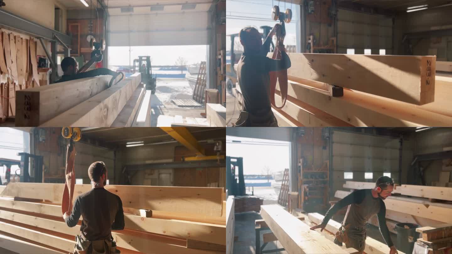 木工车间修剪木梁用于生态自建房屋结构