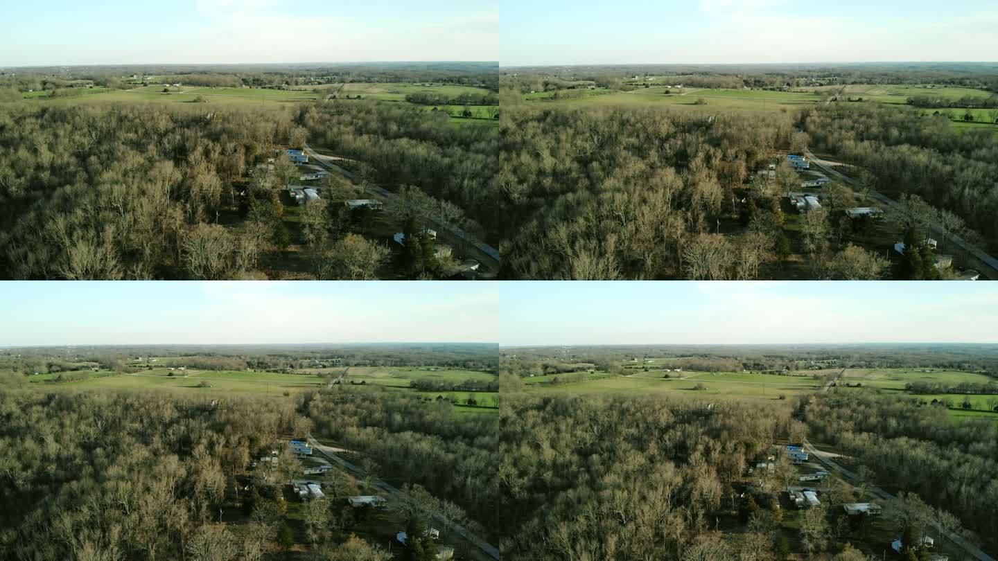 詹姆斯河流域战场密苏里州早春农业和森林4K空中视频