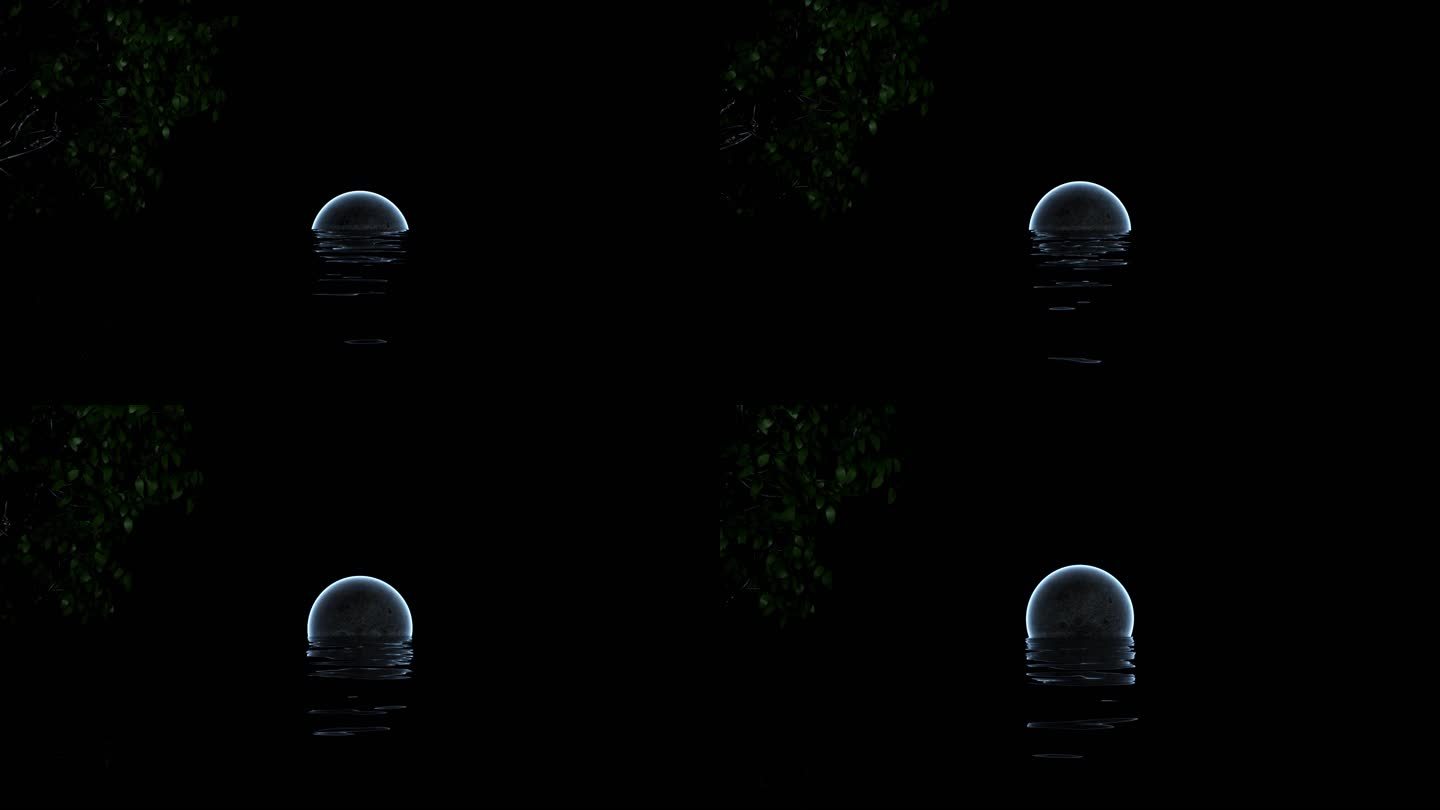 黑夜水面中慢慢升起的月亮