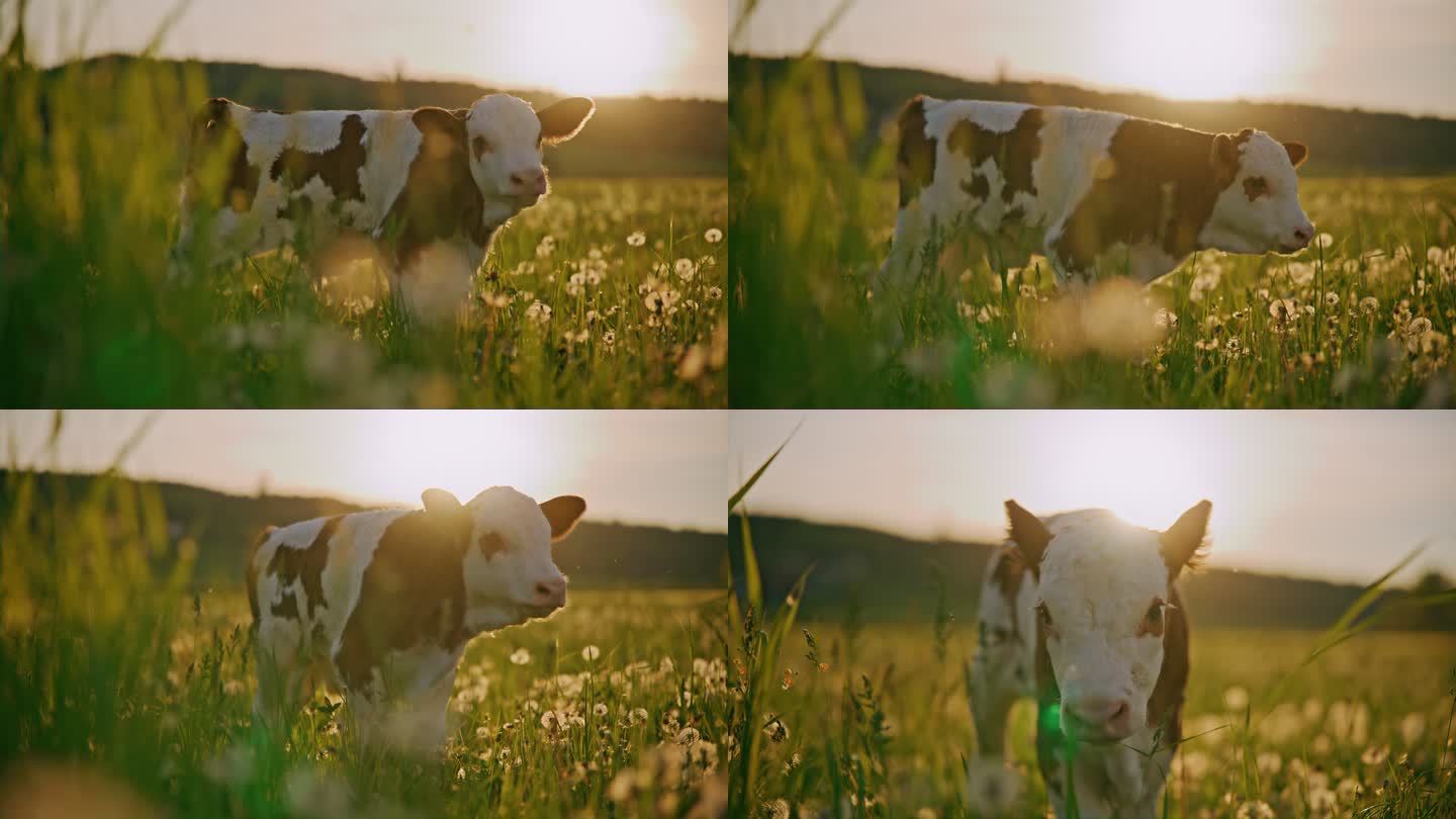 日落时分，小牛在牧场上行走