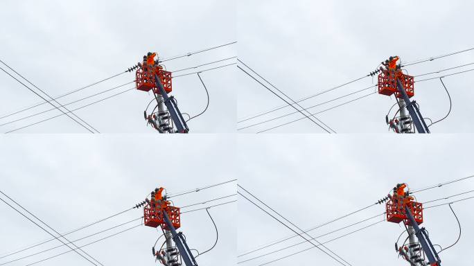 电力线工人高压电线塔电力电网输电发电