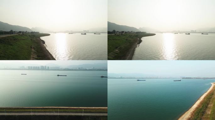 4K大江大河清晨河运航行航拍