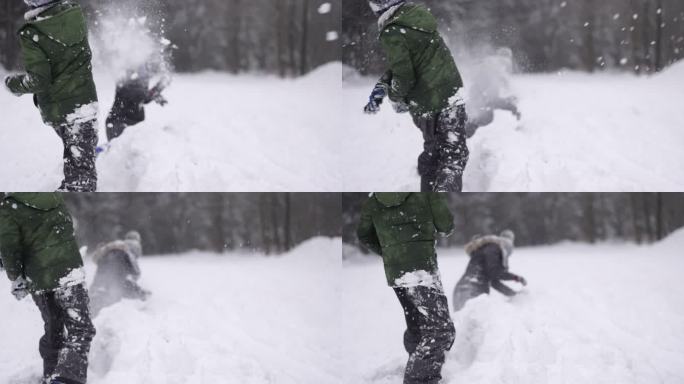 在一个阳光明媚的冬日，母亲和三个孩子在打雪仗。